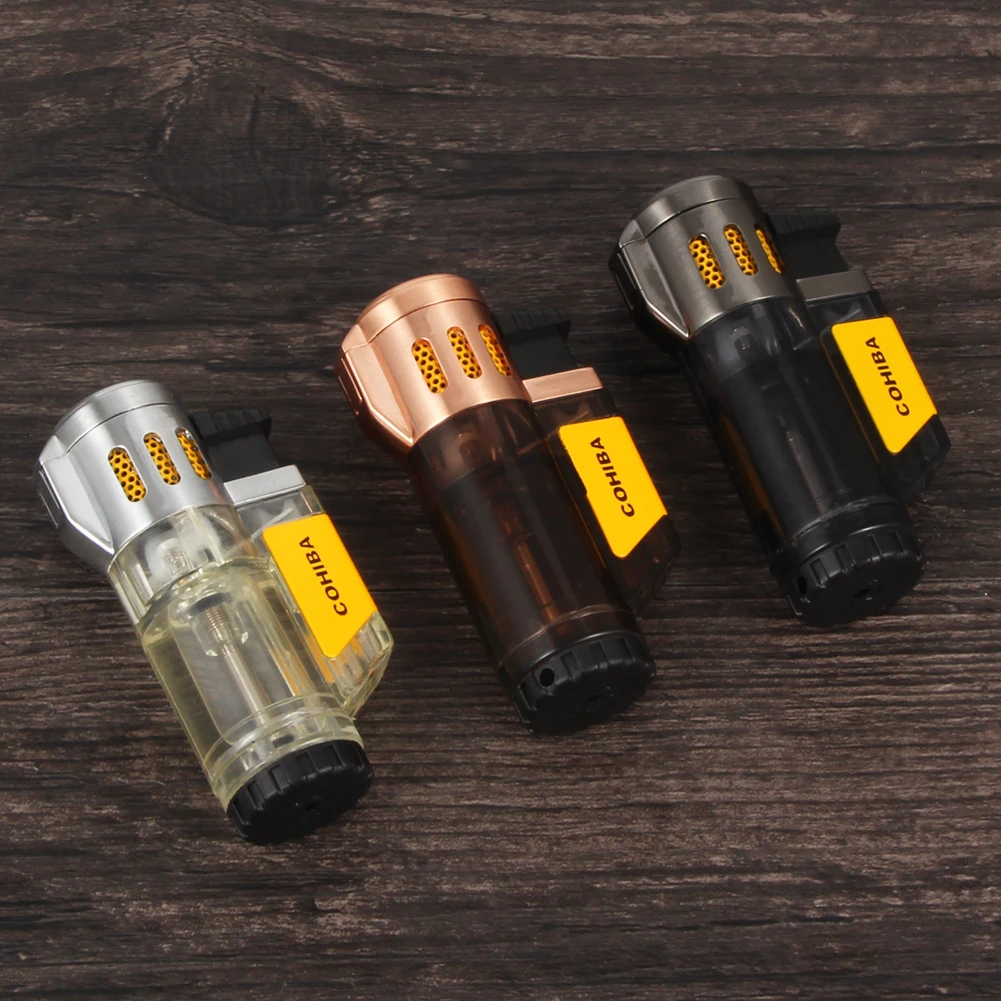 COHIBA ветрозащитные зажигалки для сигар, пластиковые бутановые зажигалки, газовый металлический фонарь для сигарет, зажигалки, карманные гаджеты для сигар, аксессуары