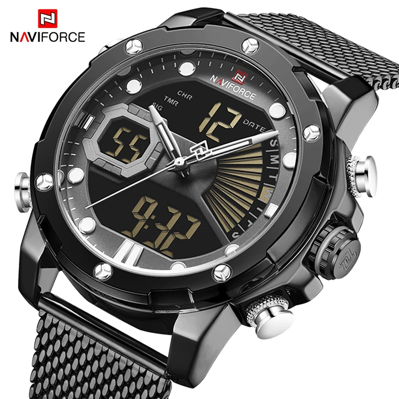 NAVIFORCE мужские часы кварцевые цифровые Мужские военные спортивные сетки из