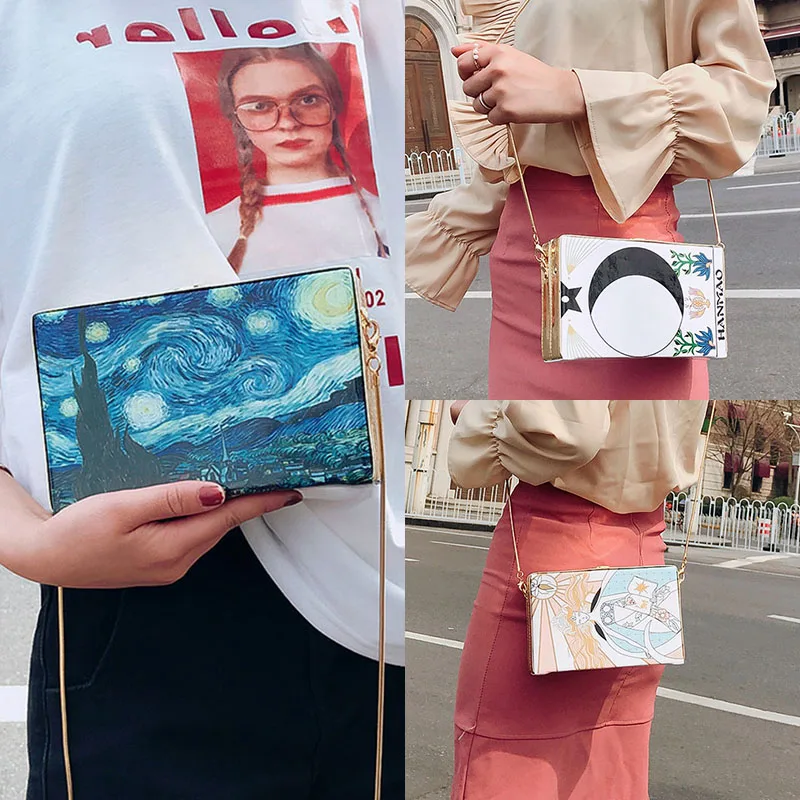 WOBAG модная масляная живопись мультяшная винтажная коробка стильная сумка на плечо женские вечерние клатчи сумка через плечо мини сумка