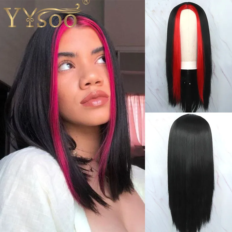 YYsoo Long Black Highlights Red Color Natural Straight Synthetic Wigs Cosplay Wigs for Women Girls Machine Made Replacement Wig