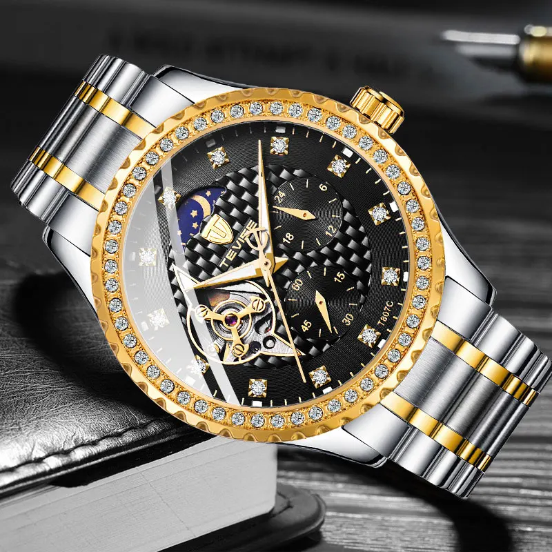 TEVISE модные роскошные стальные автоматические мужские часы Moon Phase Tourbillon инкрустированный стразами светящиеся механические водонепроницаемые часы