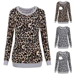Леопардовая одежда для женщин, футболка с круглым вырезом, одежда для грудного вскармливания, топы с длинными рукавами и круглым вырезом
