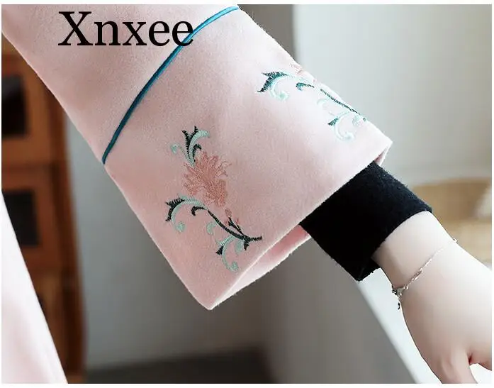 Китайское платье для женщин ao dai cheongsam Цветочная вышивка Мандарин Воротник Восточный qipao длинный рукав теплый плотный шерстяной Халат