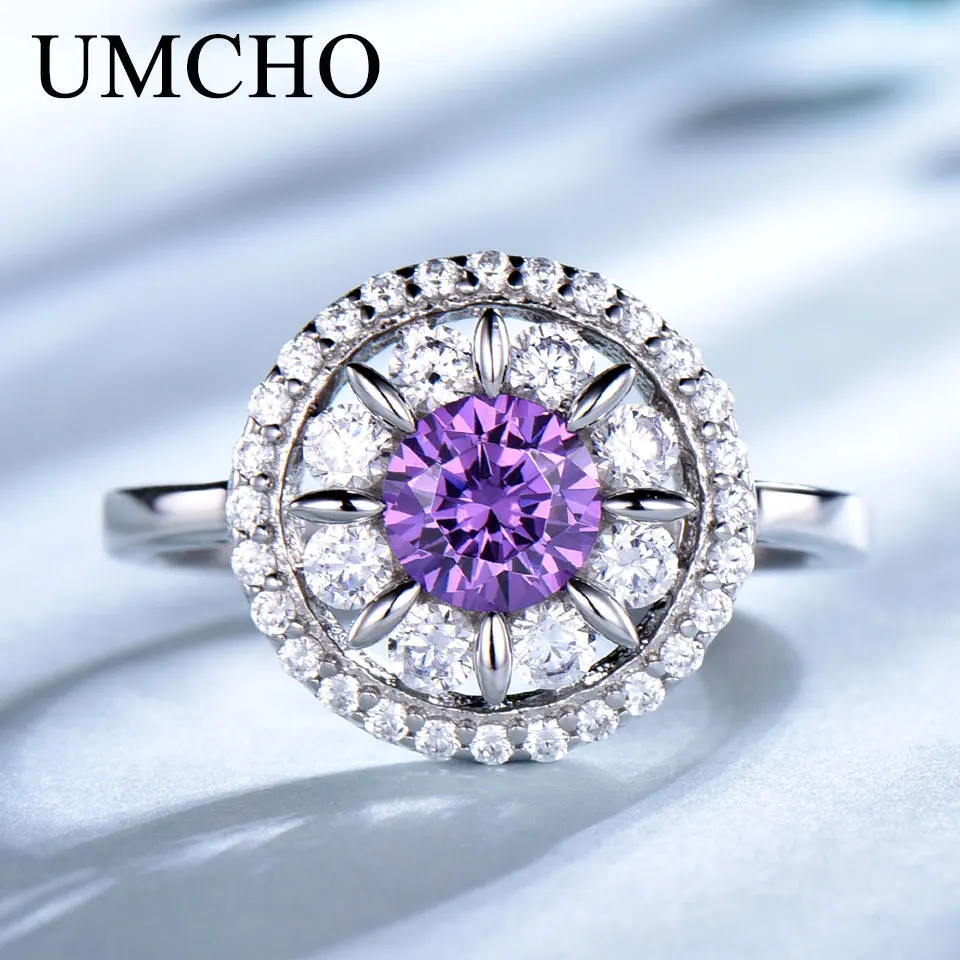 UMCHO S925 Стерлинговое Серебро Кольца для женщин аметист кольцо драгоценный камень подушечка из аквамарина романтический подарок обручальное ювелирное изделие