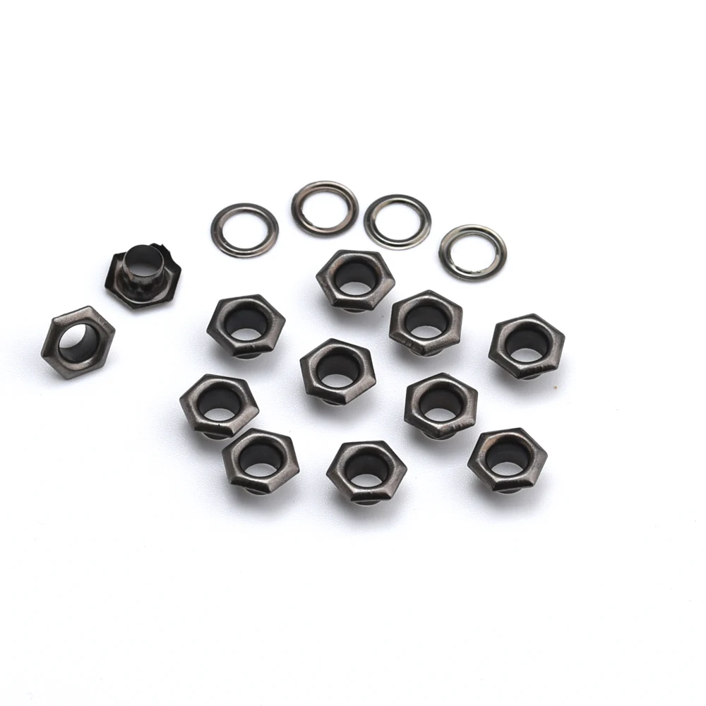 200sets/lot 6x Hexagon metal brass eyelets + washer 5mm inner hole grommets black nickle JY-010