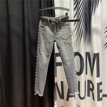 

Pearls Beads Denim Jeans Woman New Spring Autumn Vintage Ripped Skinny Jeans Trousers Femme Stretchy Denim Pants