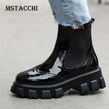 

MStacchi Patent Leather Booties Women Block Heel Winter Plus Cashmere Round Toe Botas Mujer Female Fashion Platform Ankle Boots