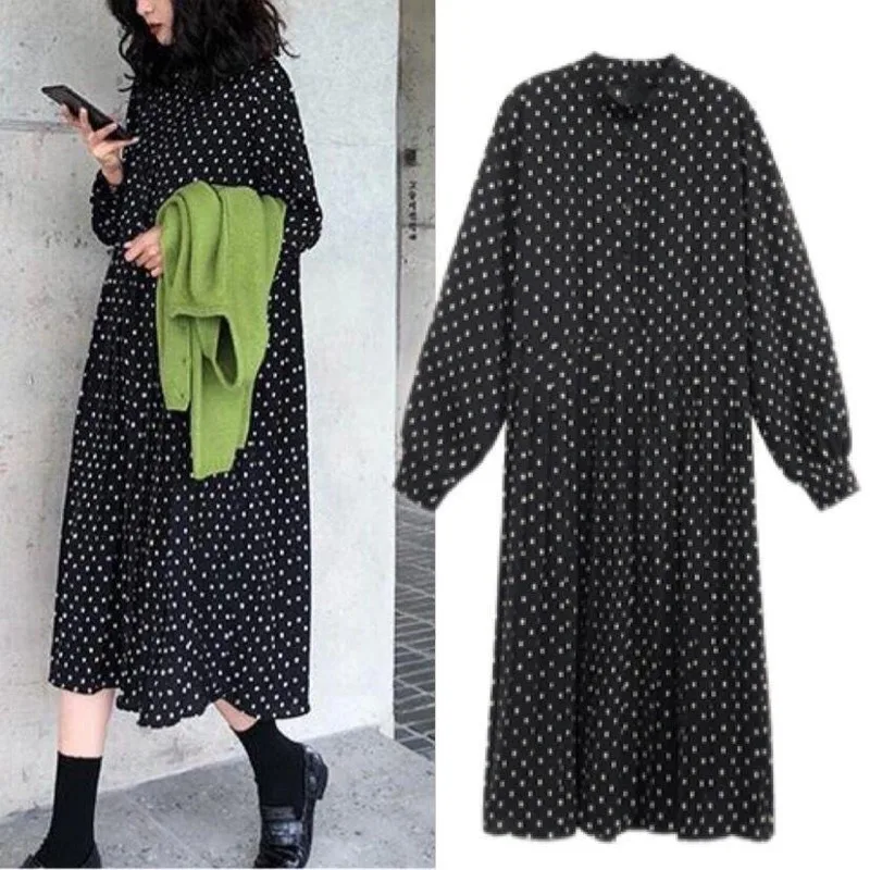 Women Long Sleeve Solid Chiffon Dot Loose Pleated Big Size Female Floral Maxi Dress Chic Fashion Beach Party Vestidos | Женская одежда