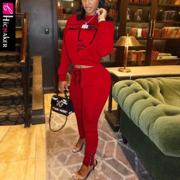 

Women Plus Size Two Piece Matching Sets Cartoon Face Printed Long Sleeve Top & High Waist Bodycon Pants Chic Suit