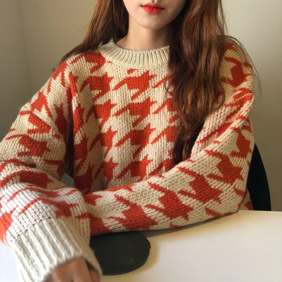 

Taotrees Women Plaid Pattern Sweater Pullover Round Neck Loose Knitted Sweaters Autumn Fashion Female Casual