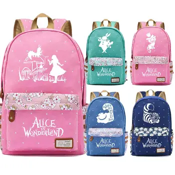 

Cartoon Cute Alice Cheshire Cat Flowers Dot Boy Girl School bag Women Bagpack Teenagers Canvas Lady Femme Backpack