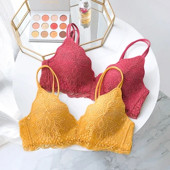 

Wasteheart Women Fashion Gray Yellow Lace Bow Bra Set Straps Bralette Cotton Panties Wireless Underwear Sexy Lingerie Sets A B