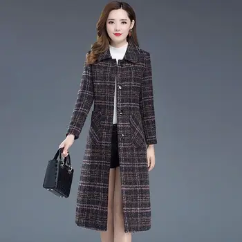 

Plus Size 5XL Women Blends Coat 2020 New Autumn Winter Warm Coat Medium Long Plaid Overcoat Female Woolen Jacket
