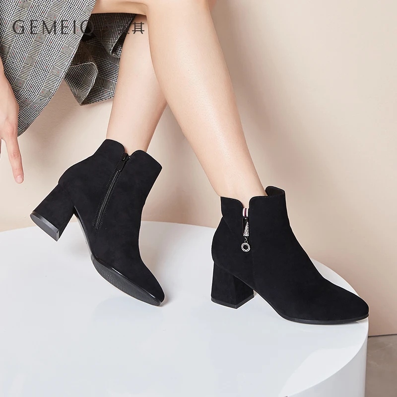 

GEMEIQ 2019 Winter New Product Side Zipper Sharp Warm Short Boot Women's High Heel Elegant Fashion Boot Diamond Decoration Black