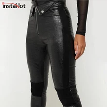 InstaHot/черные брюки из искусственной крокодиловой кожи; Лоскутные узкие брюки на молнии; женская уличная одежда; кожаные брюки; осенние женские Капри