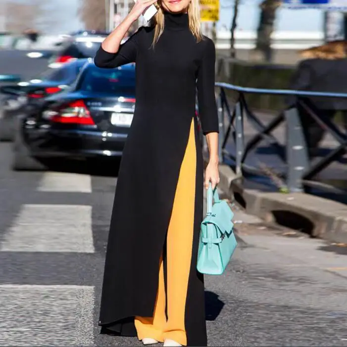 Online Moda mujer Maxi vestido talla grande asimétrico estilo occidental cuello alto Jersey elástico negro que hace punto Vestido largo de gran tamaño