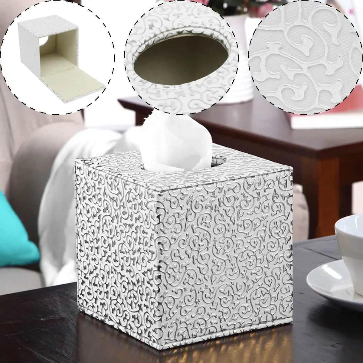 

Square PU Tissue Cover Box Cover Napkin Paper Box Case Tray Pumping for Home Office