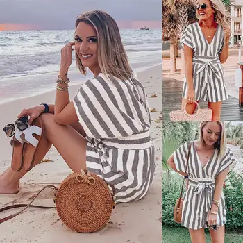 

Women's Casual V-Neck Short-Sleeve Striped Button Shorts Straight Type Rompers Jumpsuit With Waistband