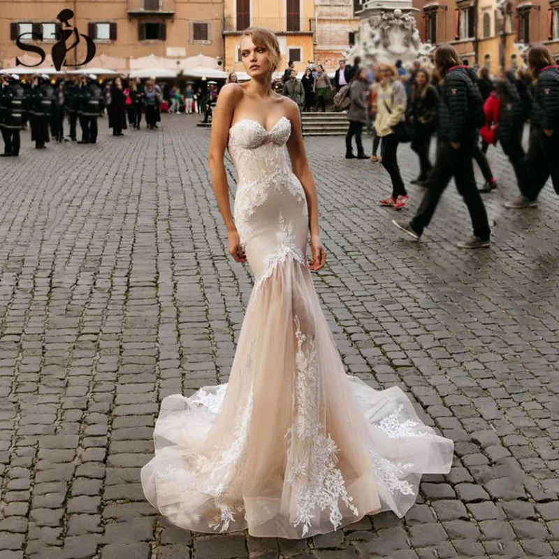 

Champagne Wedding Dresses 2020 Sexy Sweetheart Backless Mermaid Bridal Gowns Lace Wedding Dress Plus Size robe de mariee