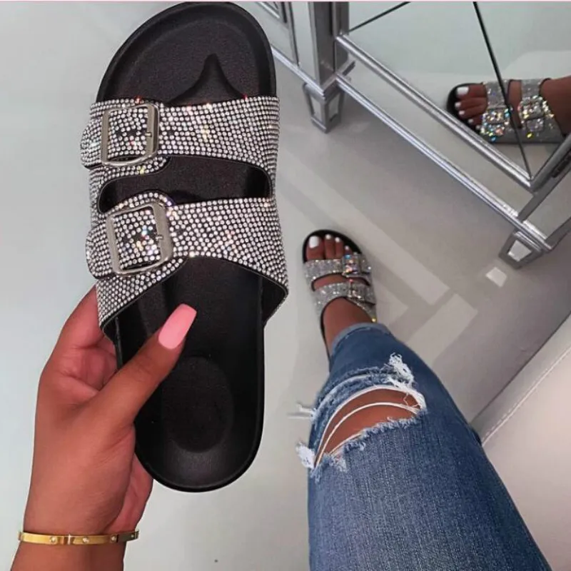 

Puimentiua Summer Women Slippers Crystal Outside Shoes Woman Open Toe Slides Belt Buckle Slippers Bling Shallow Beach Sandals