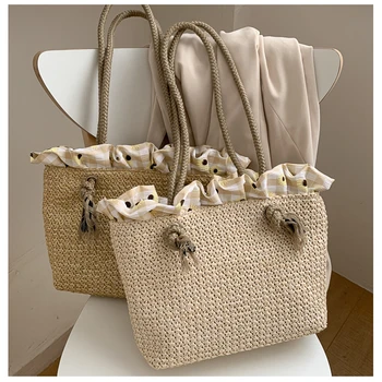 

2020 Women Summer New Beach Holiday Bag Ladies Fashion Elegant Handmade Straw Large Capacity Tote Purse with Plaid Ruffle Trim