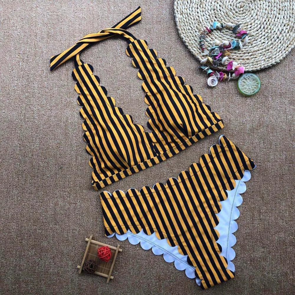 Sexy Wave Halter Black Yellow Striped Bikini Women Swimwear Female Swimsuit Deep V Bikini set Bather Bathing Suit Swim Lady white bikini set