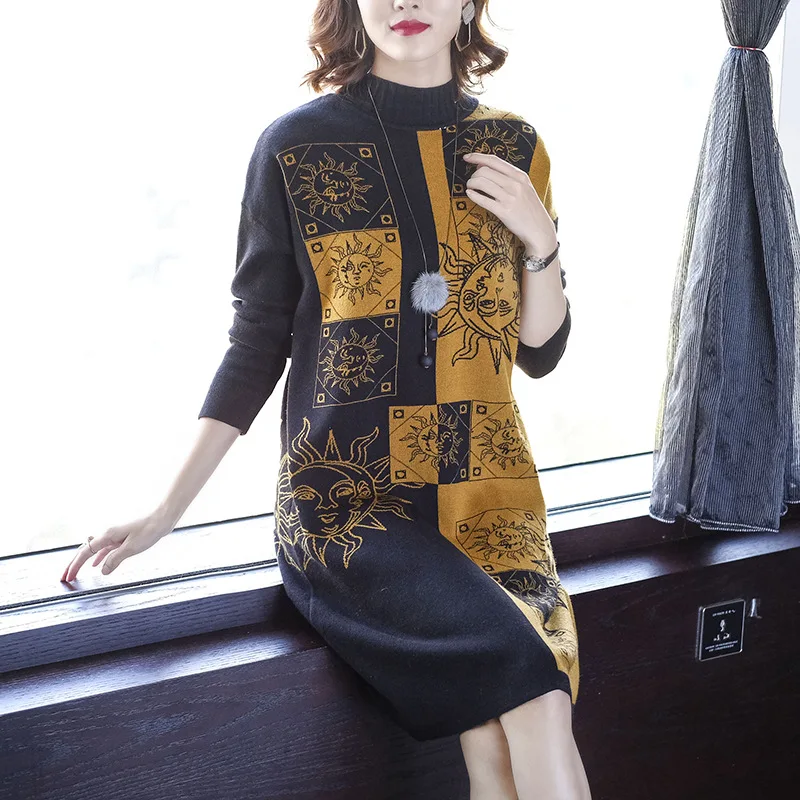 

Europe And America 2019 Korean-style Loose And Plus-sized Autumn And Winter Dress Women's Mid-length Elegant-Style Base Knitted