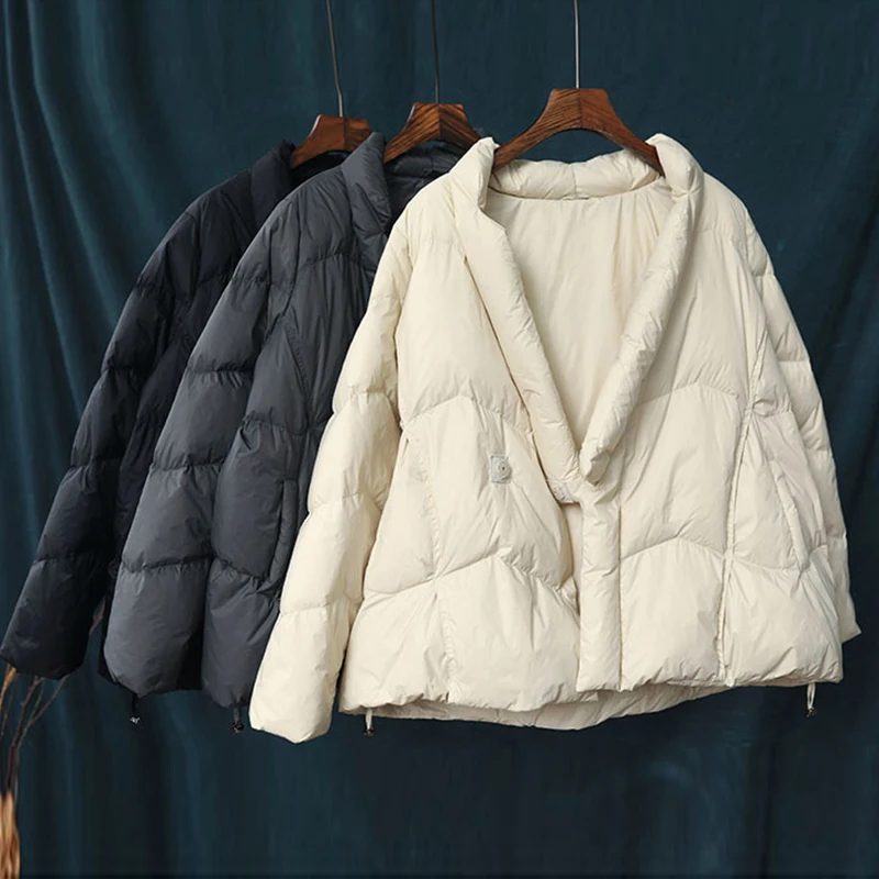 Зимнее корейское асимметричное пуховое пальто с v-образным вырезом, повседневное модное универсальное Новое свободное женское пуховое пальто с карманами, 4 цвета