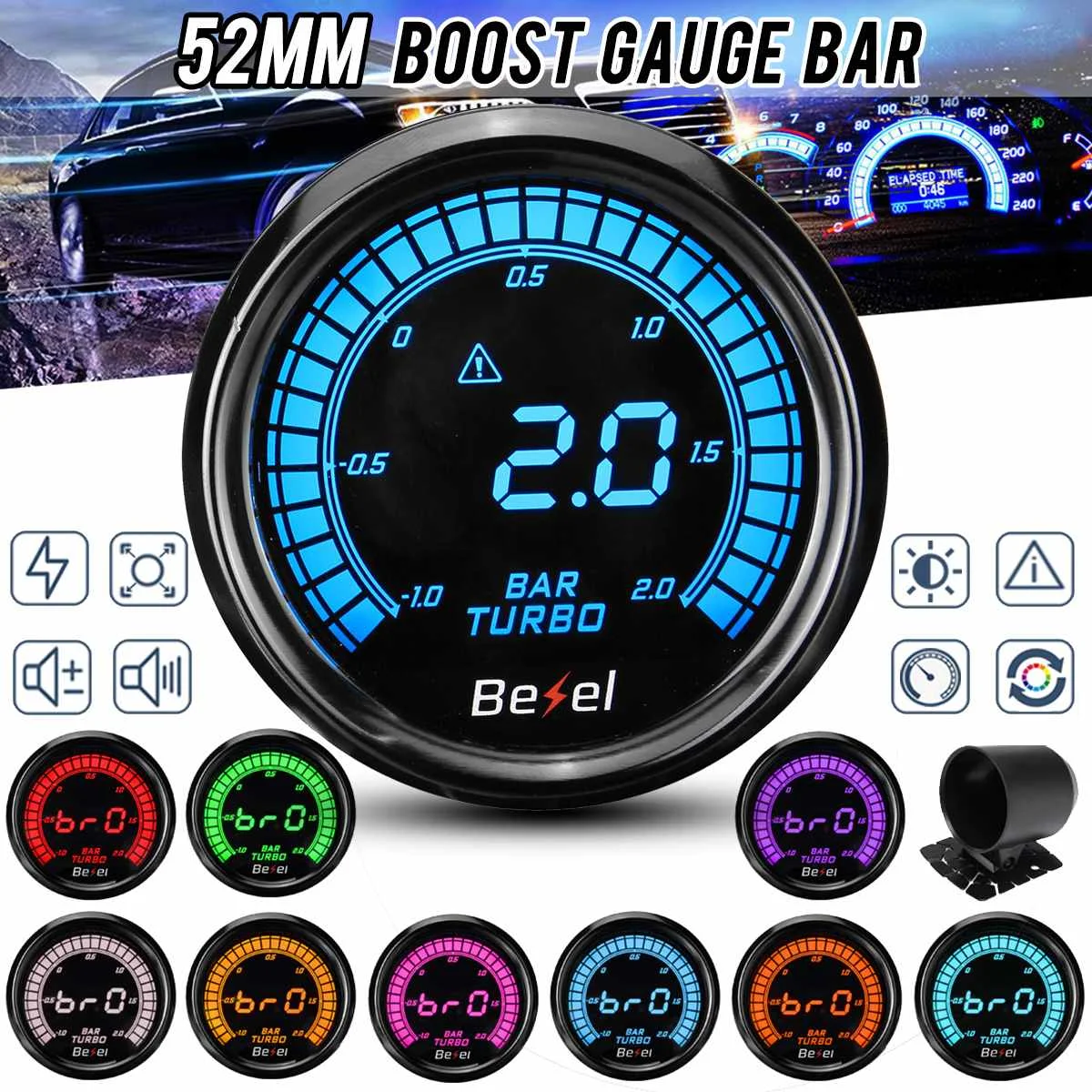 2" 52mm Universal Car Turbo Boost Pressure Gauge Meter 10 Color Digital