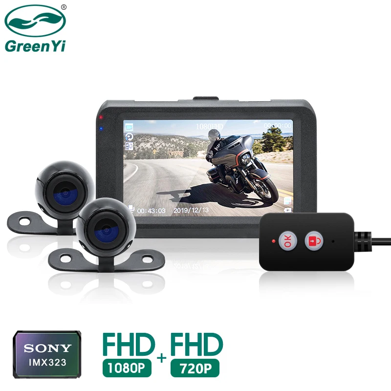 GreenYi Видеорегистраторы для мотоциклов Dash Cam 1080P Full HD спереди и вид сзади