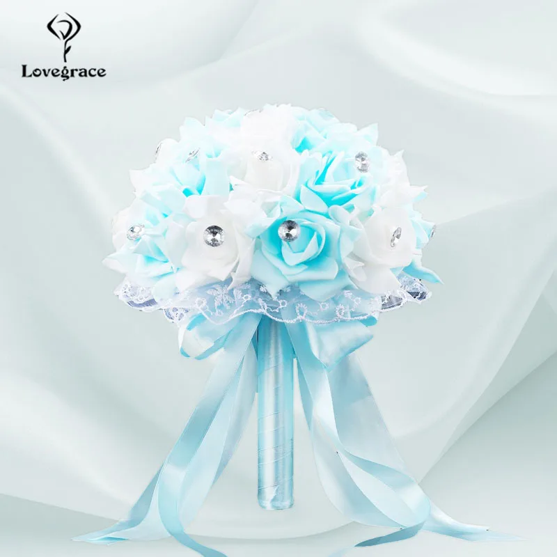 light-blue Lovegrace Свадебный букет PE розовый белый букет из горного хрусталя для невесты подружки невесты с цветами свадебные принадлежности - Цвет: light-blue