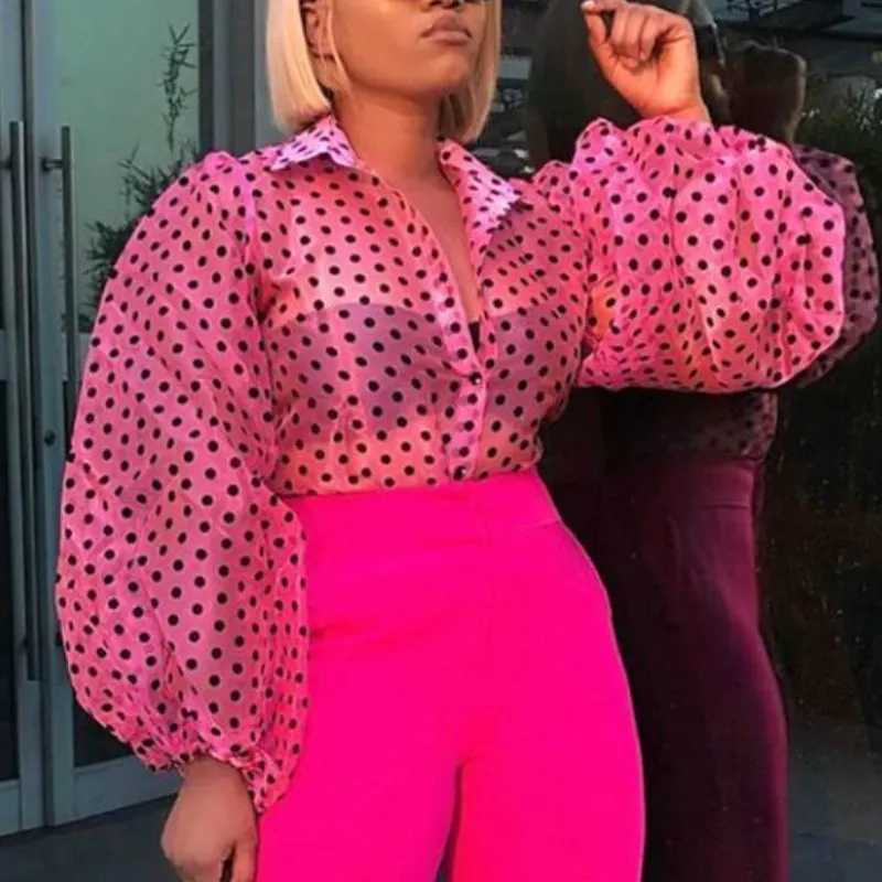 

Thin Tulle Transparent Sexy Polka Dot Shirts Women Tops See Through Plus Size Blouse Lantern Sleeve Elegant Blouse