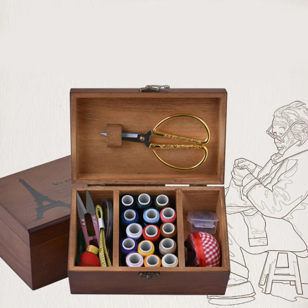 

Wooden Basket Sewing Box Gift Set with Sewing Tool Kit Accessories Storage Case new