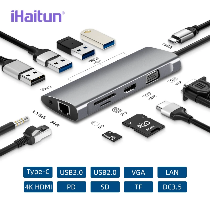 IHaitun usb хаб C к Мульти USB 3 0 4K HDMI адаптер док станция для Macbook Pro type PD VGA SD TF DC3.5 huawei 30