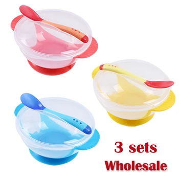 

3set/wholesale Temperature Sensing Feeding Spoon Child Tableware Food Bowl Learning Dishes Plate Suction Cup Baby Dinnerware Set