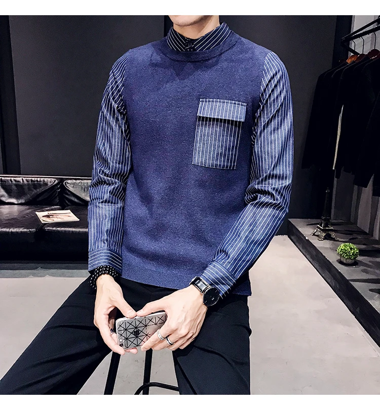 Британский стиль поддельные две части свитер пуловер свитер мужской Blusa Masculina модная одежда мужской круглый вырез длинный рукав вязание