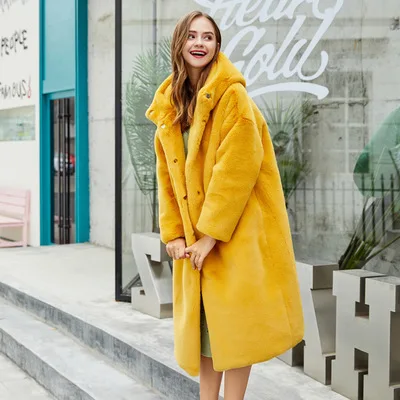 yellow Зимнее пальто для женщин, модное пальто с капюшоном из искусственного меха норки, свободная Меховая куртка, Толстая теплая куртка из искусственного меха кролика, женское повседневное пальто - Цвет: yellow
