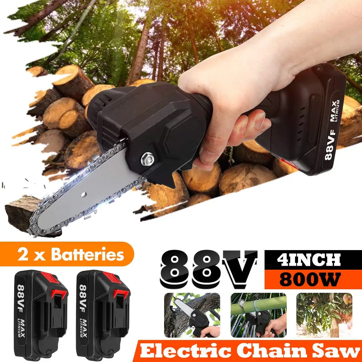 

800W 4 Inch 88V Mini Electric Chain Saw With 2PC Li-ion Battery Woodworking Pruning One-handed Garden Tool Rechargeable US Plug