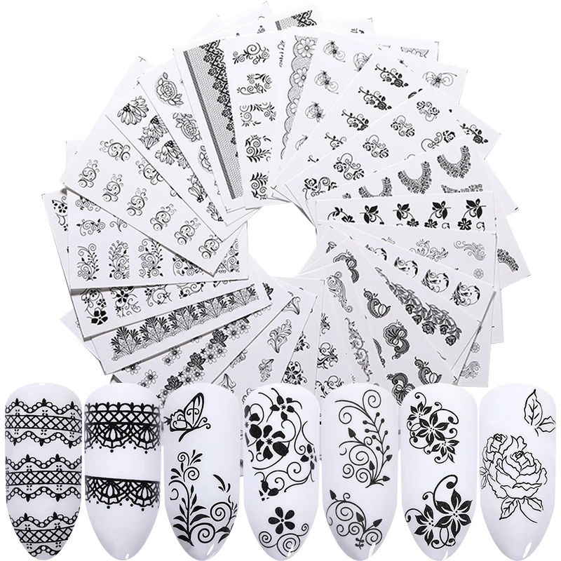 

40Pcs/Pack Lace Nail Art Stickers Water Decals Black White Patterns Nail Transfer Stickers For Nail Decoration DIY Beauty Design