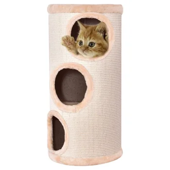 

14" x 27.5" Cat Tower with 3 Holes Durable Sisal Exterior Pet Furniture Kitten Climb Tower with Dangling Pom Toy PS6840