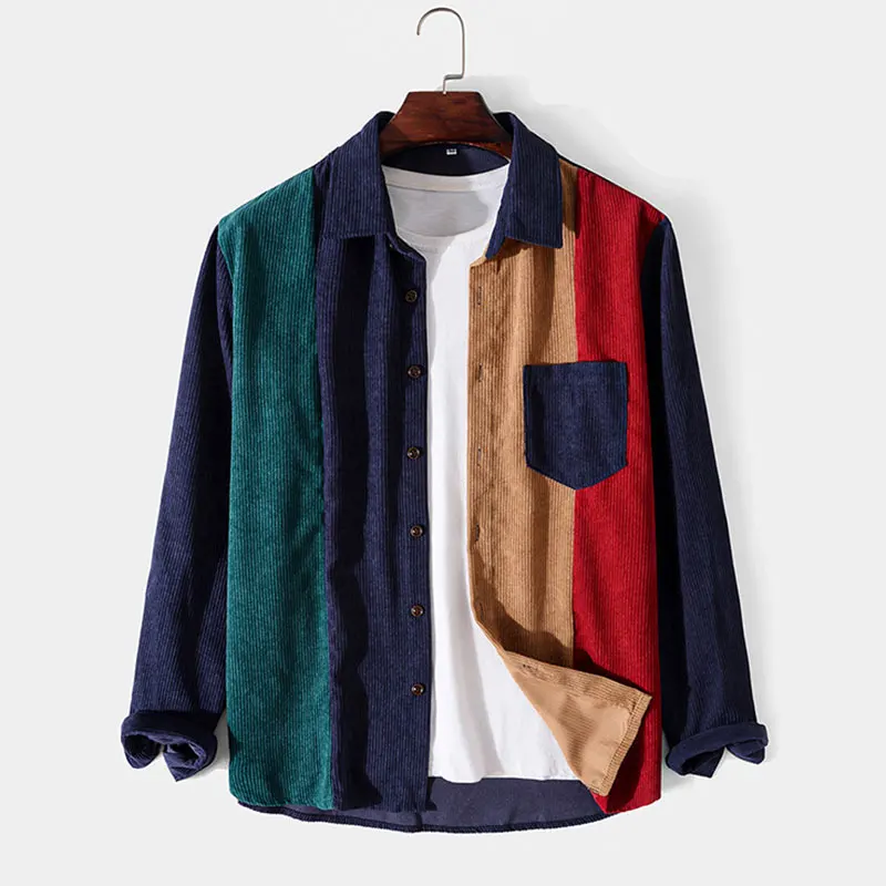 Corduroy Patchwork Long sleeved Shirt Casual Korean Turn down Collar