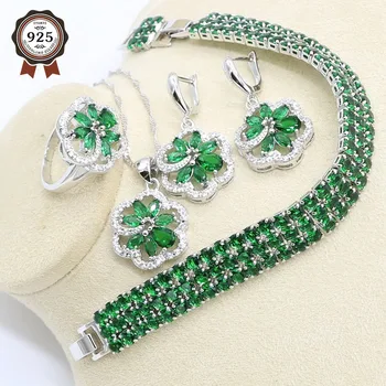 

Green Semi-precious Silver Color Jewelry Set for Women with Bracelet Flower Shape Earring Necklace Pendant Ring Gift Box