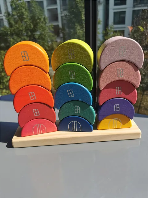 Babay Rainbow Wood Toy Montessori Building House Wooden Stacking Moon  Pastel Cubic Mosaic Butterfly Blocks Flower Brick 2