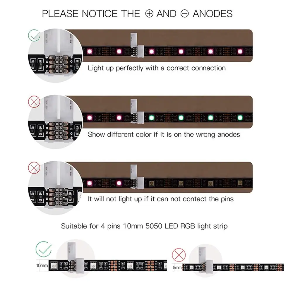 10pcs/pack Of 5050RGB LED Strip Connector Unwired Gapless Solderless Adapter Terminal Extension 10mm 4PIN RGB Connector