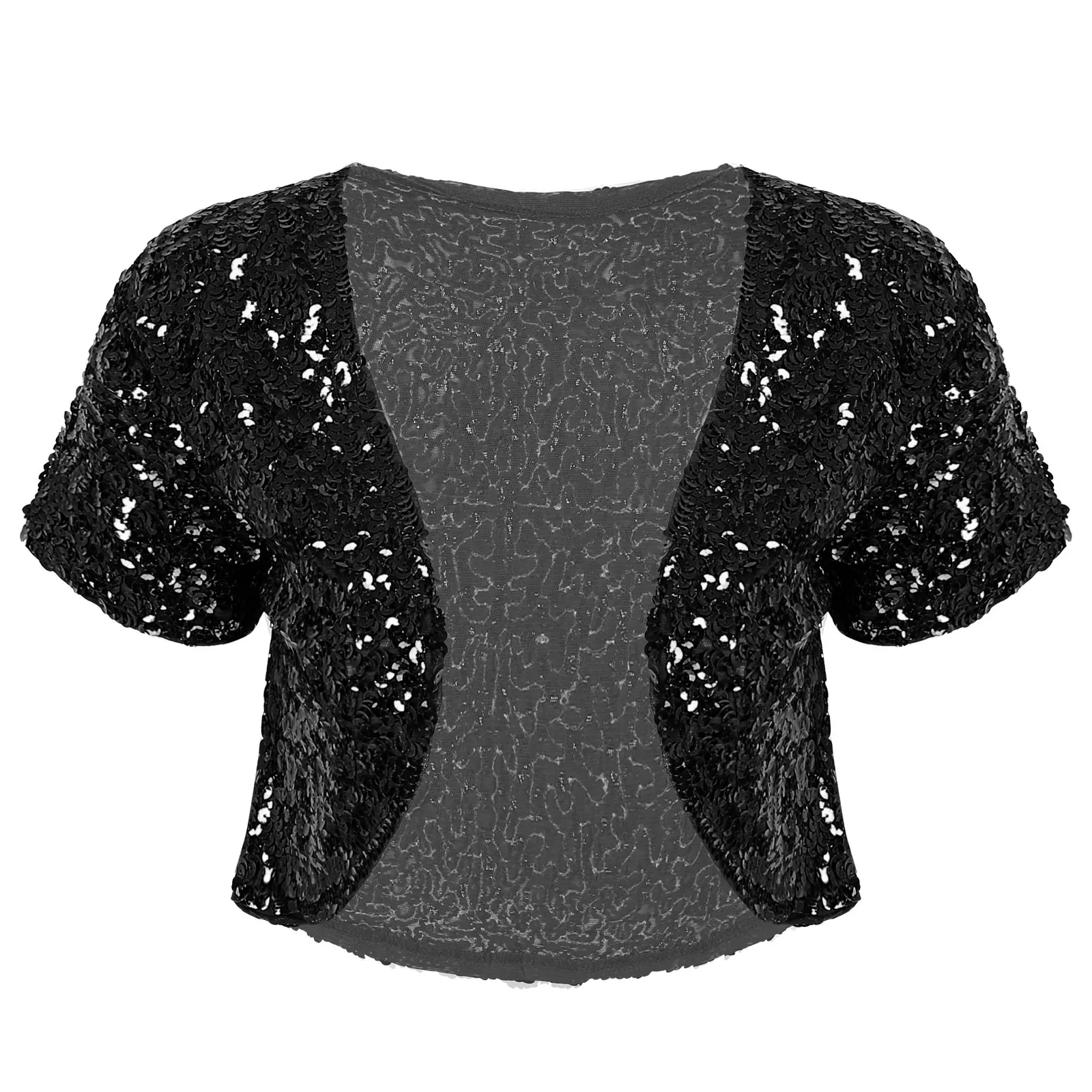 

Women Shiny Sequin Cropped Jacket Coat Sissy Clubwear Gothic Punk Waistcoat Cardigan Outwear Short Sleeve Crop Top for Nightclub