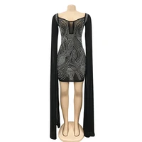 Sexy Black Glitter Crystal Mini Dress Womens Cloak Sleeve See Through Bodycon Birthday Clubwear Dress