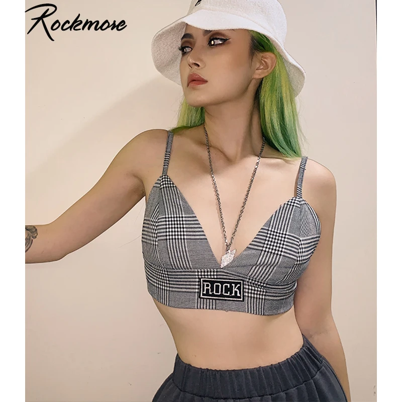 Rockmore клетчатый укороченный топ для женщин клетчатые ремешки Обрезанные Топы Harajuku уличная Корейская открытая спина Сексуальная Клубная одежда для ночного клуба