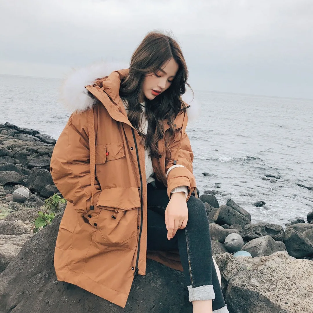 

Photo Shoot Sense of Design Drawstring Pocket Maple Leaf Red Mid-length Hooded Large Fur Collar Workwear down Coat Cotton Overco