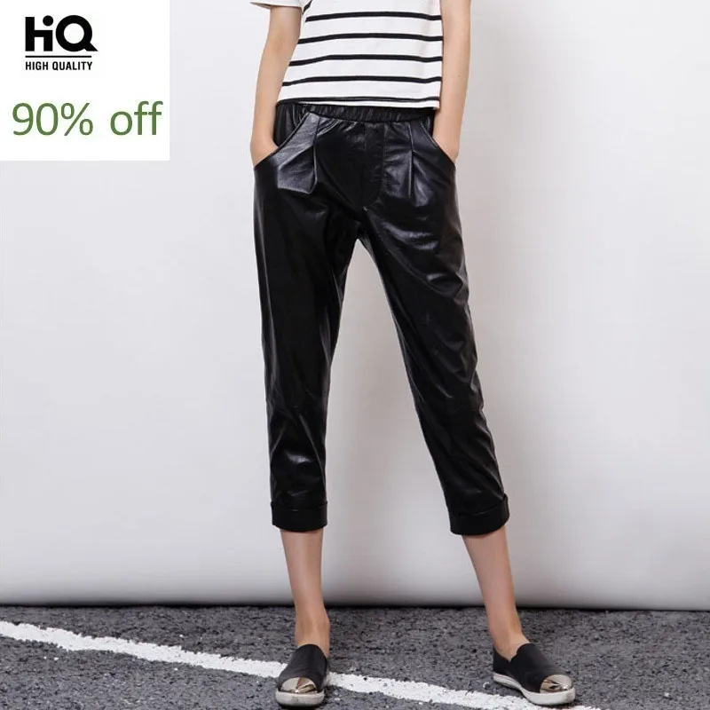 

2020 New Designer Women Casual Boyfriend Harem Pants Genuine Leather Streetwear Trousers Female Elastic Wasit Ankle Length Pants