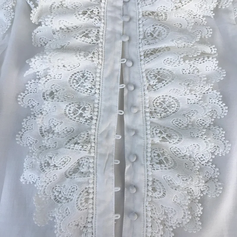 New Fashion Autumn Stand Collar Long Sleeve Single Breasted Hollow Out Stitching Lace Loose Blouse Shirt Women Q149